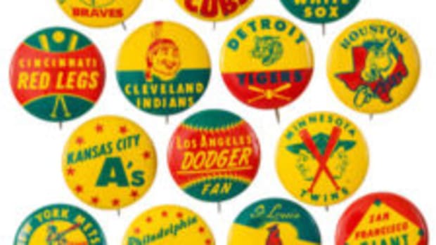  Metal MLB team pins came with a bag of Guy’s brand of potato chips from 1964-66. Image courtesy of Heritage Auctions