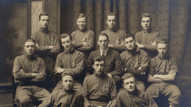 ABOVE: The baseball team of Company C 3rd Infantry in 1910. BELOW: Some of the early sports equipment on display at the New York State Military Museum in Saratoga Springs, N.Y.
