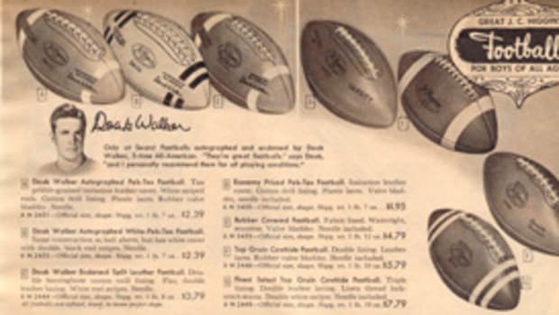 Here 1948 Heisman winner and eventual Pro Football Hall of Famer Doak Walker helps pitch some signature footballs. Walker played his entire six-year NFL career with Detroit, helping the team win the league title in 1952 and 1953. 