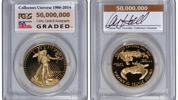 Collectors Universe is awarding the submitter of the 50 millionth item a PCGS-certified 1986 American Eagle one-ounce proof gold bullion coin encapsulated with a special 50,000,000 insert label autographed by Collectors Universe President and Founder David Hall. (Photo credit: Professional Coin Grading Service.)