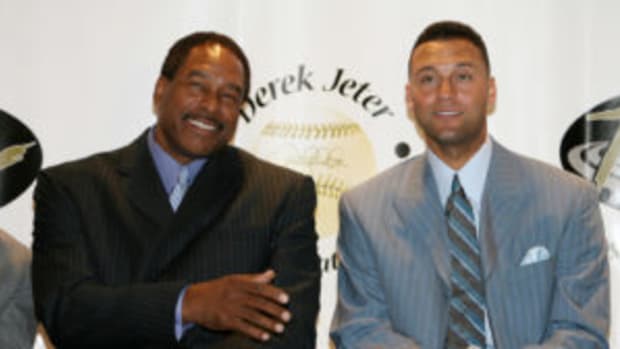  Dave Winfield and Derek Jeter during 10th Annual Derek Jeter Turn 2 Foundation Dinner - Press Conference at Marriott Marquis in New York City. (Photo by Marc Andrew Deley/FilmMagic)