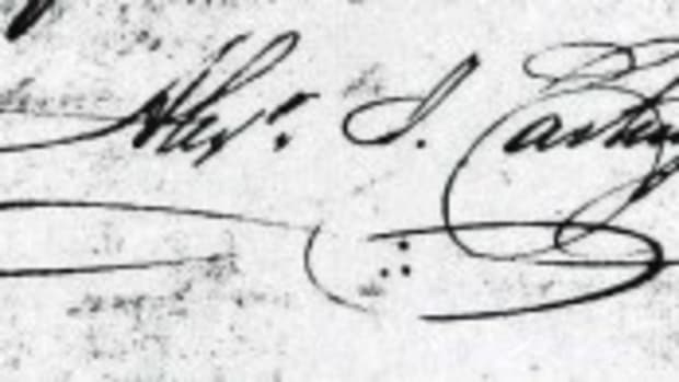 Here is a Cartwright signature circa 1860. With striking, bold letters, Cartwright often signed “Alex J. Cartwright” or “Alx” on his documents.