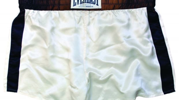 Muhammad Ali fight-worn trunks from historic 10/30/1974 ‘The Rumble in the Jungle’ match against George Foreman, impeccable provenance. Minimum bid: $25,000. All images courtesy Grey Flannel Auctions