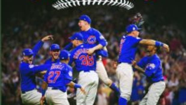 The cover of the 2017 Cubs Convention Official Program featured Chicago Cubs players celebrating after the final out of the 2016 World Series.