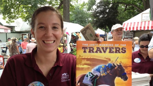 Saratoga Race Course employee Kelly McKinley went through 2,000 programs at her booth alone for the Travers Stakes featuring American Pharoah, which is the most she can remember in 17 years. 