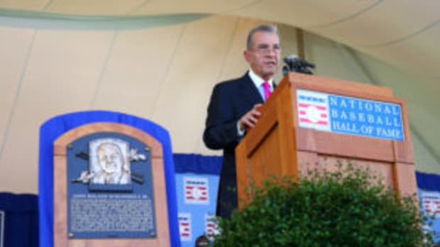  John Schuerholz gives his induction speech at Clark Sports Center during the Baseball Hall of Fame induction ceremony on July 30, 2017 in Cooperstown, New York. (Photo by Mike Stobe/Getty Images)