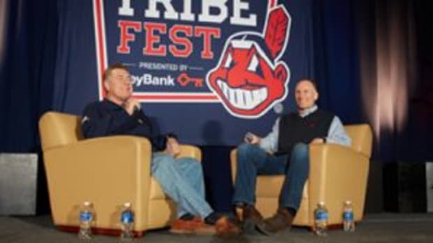 Tom Hamilton, left, with Mark Shapiro, right, at Tribe Fest when Shapiro was a member of the front office of the Cleveland Indians. (Courtesy the Cleveland Indians.)