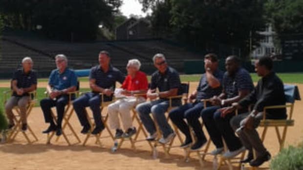  Members of the 2018 Baseball Hall of Fame Class assembled at Doubleday Field for a roundtable discussion the day after they were inducted into the Baseball Hall of Fame. (Dan Schlossberg photos)