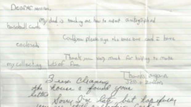  The letter that Jessie Zaccaro originally sent to Zack Monroe 27 years ago. Monroe recently returned the letter with two autographed baseball cards. He wrote a short note at the bottom of the letter.