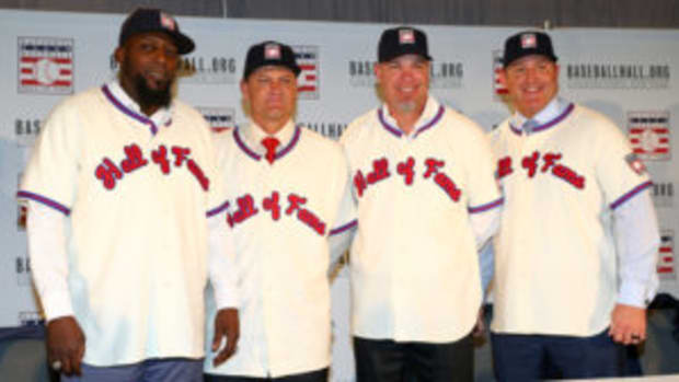  (L-R) Vladimir Guerrero, Trevor Hoffman, Chipper Jones, and Jim Thome pose for a photo following the 2018 Baseball Hall of Fame press conference announcing this year's induction class on Thursday, January 25, at the St. Regis Hotel in New York City. (Photo by Alex Trautwig/MLB Photos via Getty Images)