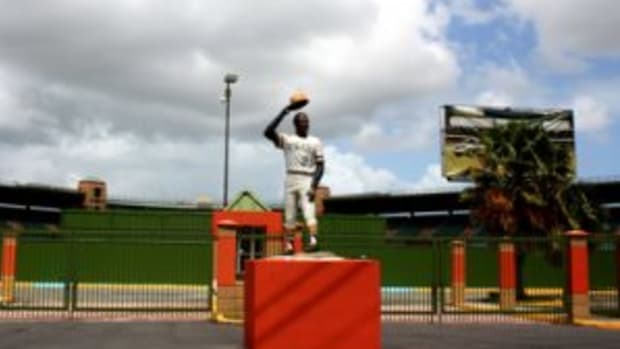 A statue of Roberto Clemente at Roberto Clemente Stadium, a 12,500-seat facility in Carolina, Puerto Rico.