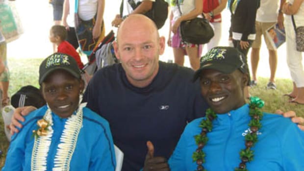 The author, Ross Forman, poses with Joyce Chepkirui and Wilson Chebet, winners of the 2014 Honolulu Marathon, in which Forman also participated. Marathon runners are just some of the big-time athletes that frequent the islands, while many professional athletes are natives to Hawaii. 