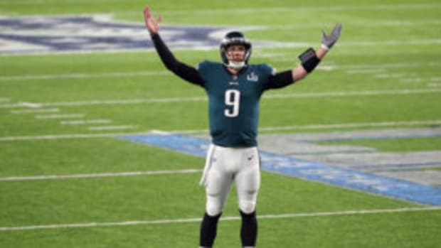  Nick Foles #9 of the Philadelphia Eagles celebrates his 11-yard touchdown pass to Zach Ertz #86 (not pictured) during the fourth quarter against the Philadelphia Eagles in Super Bowl LII at U.S. Bank Stadium on February 4, 2018 in Minneapolis, Minnesota. (Photo by Streeter Lecka/Getty Images)
