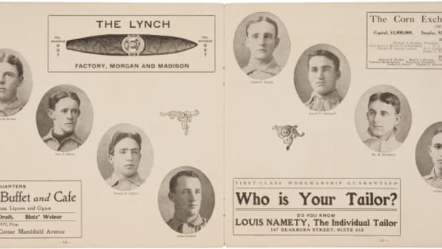 This inside look at the 1908 World Series program gives fans a glimpse of the famous Tinker and Evers (no Chance), among other key members of the Chicago Cubs. Courtesy of Heritage Auctions.