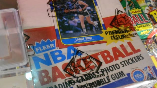 This 1986-87 Fleer Basketball wax box sold for $33,065 in a Collect Auctions bidding event that ended Aug. 6. The price is thought to be a wax box record for the company. All photos by Reid Creager.