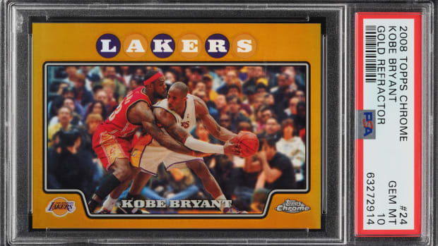 A 2008 Topps Chrome Kobe Bryant/LeBron James Gold Refractor at PWCC Marketplace.