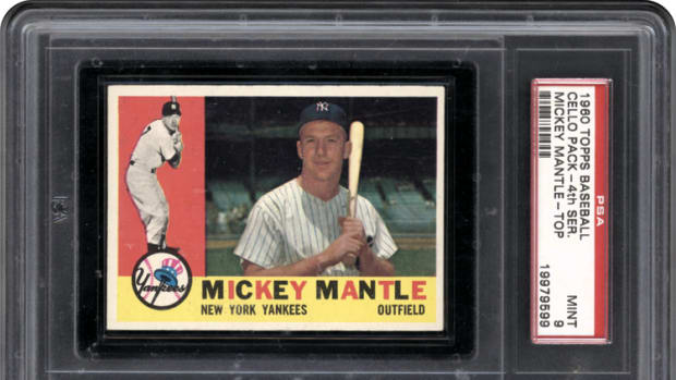 1960 Topps Baseball cello pack featuring Mickey Mantle on top.