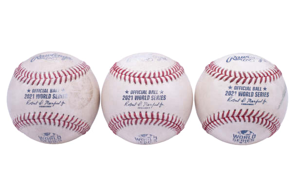 Home run balls hit by Jorge Soler, Dansby Swanson and Freddie Freeman in Game 6 of the 2021 World Series.