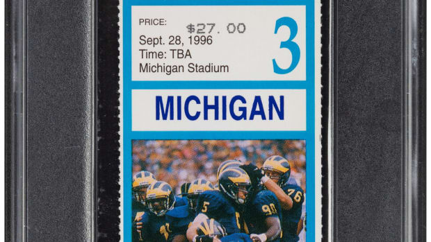 Ticket from Tom Brady's 1996 college football debut for the Michigan Wolverines.