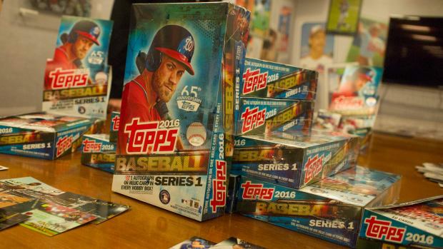 Topps' baseball cards from the 2016 season on display at the Topps' offices in New York City.