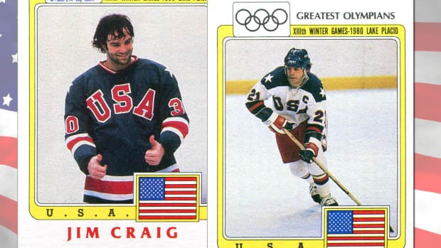 Greatest Olympians cards featuring 1980 USA Hockey stars Jim Craig and Mike Eruzione.