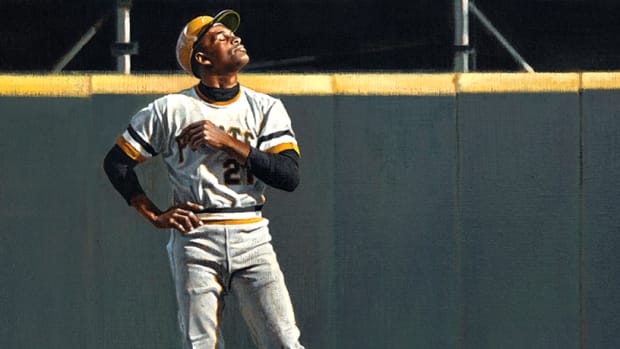 This Roberto Clemente painting by sports artist Graig Kreindler is being auctioned by Love of the Game.