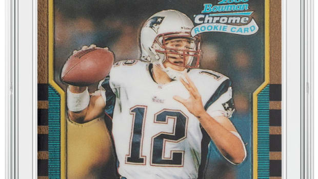 A 2000 Bowman Chrome Tom Brady card encapsulated in CSG's new labels and holders.