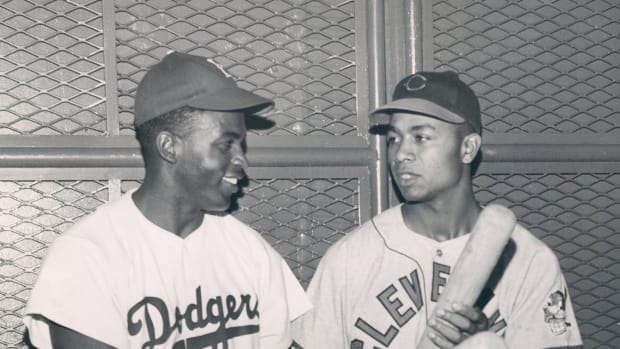 Jackie Robinson and Larry Doby are photographed together for the first time. Robinson broke the MLB color barrier with the Brooklyn Dodgers in 1947, while Doby was the first player to integrate the American League.