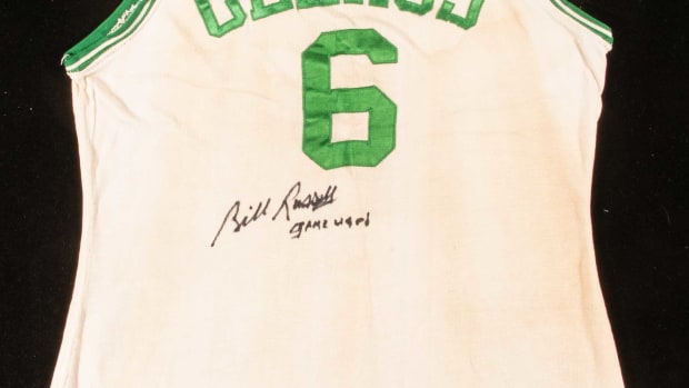 Bill Russell jersey that sold for more than $1 million at Hunt Auctions.
