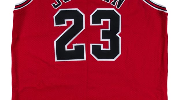A game-used Michael Jordan Chicago Bulls road jersey photo-matched to the 1997-98 Eastern Conference Finals Games 3 and 4.