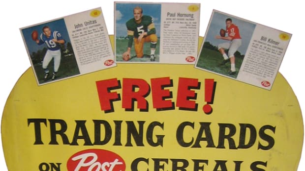 A Post Cereals advertising display sign promotes free trading cards featuring such 1960s football stars as Johnny Unitas, Paul Hornung and Bill Kilmer.