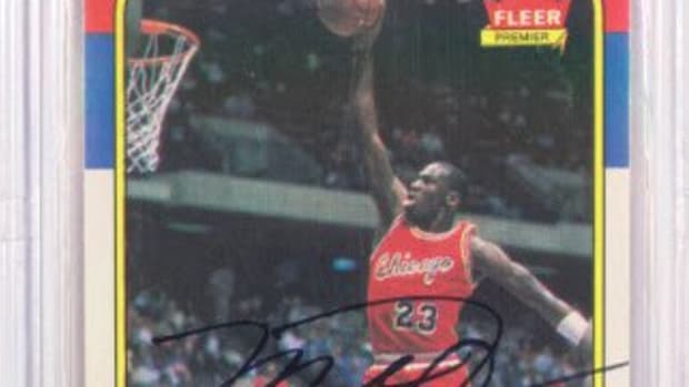 A signed 1986-87 Fleer Michael Jordan rookie card released by Upper Deck in 2006-07.