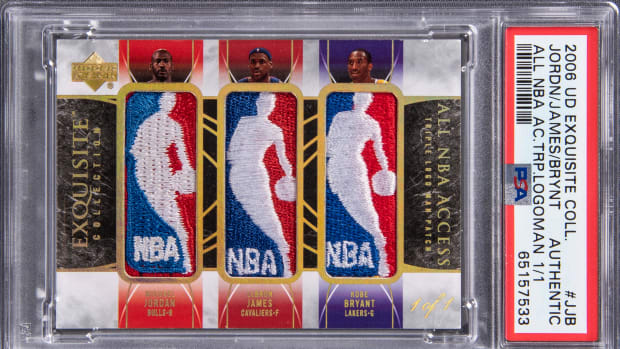 2006 Upper Deck Exquisite Collection Michael Jordan, LeBron James, Kobe Bryant Triple Logoman card.