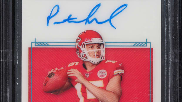 2017 National Treasures Patrick Mahomes auto rookie card donated by Buffalo Bills RB Duke Johnson to the charity auction supporting Camp Kesem.