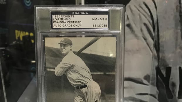 Autographed 1925 Exhibits Lou Gehrig card on display at the Collectable booth at The National.