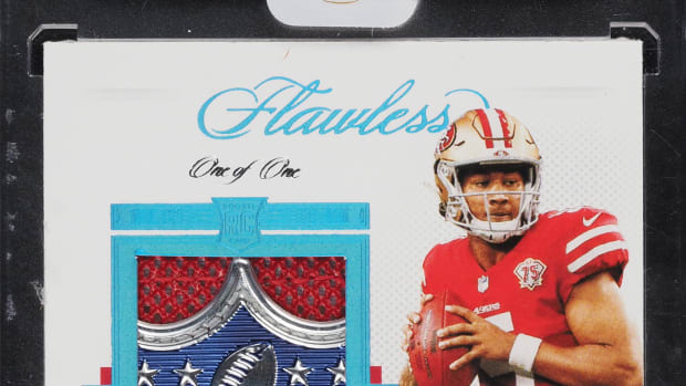 A 2021 Panini Flawless 1/1 Trey Lance Rookie Patch Auto with the NFL Shield.