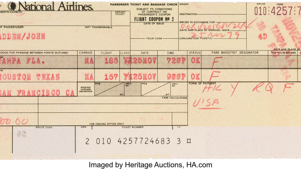 Ticket from John Madden's final flight from Tampa to Houston and San Francisco in 1979.