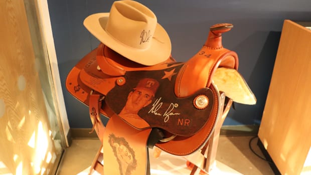 An autographed saddle and cowboy hat are among the more unique items in the Leo S. Ullman Nolan Ryan collection, which is on display at the Noyes Arts Garage in Atlantic City.