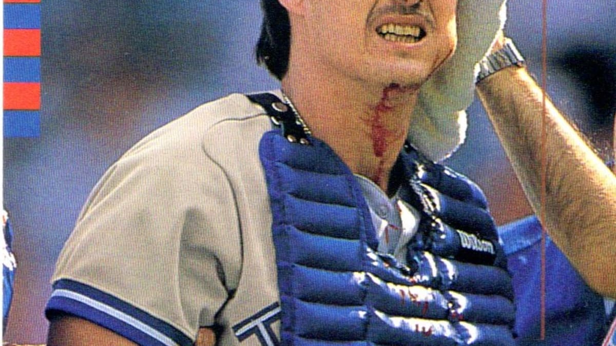 Bloody baseball card of Pat Borders reflects his approach to the