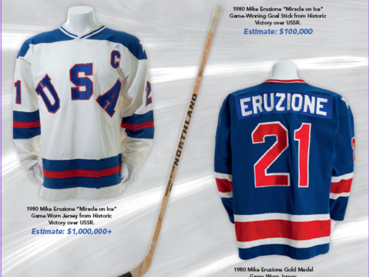 Mike Eruzione Signed 1980 Miracle On Ice #80 35 x 43 Framed Jersey ( –  Super Sports Center