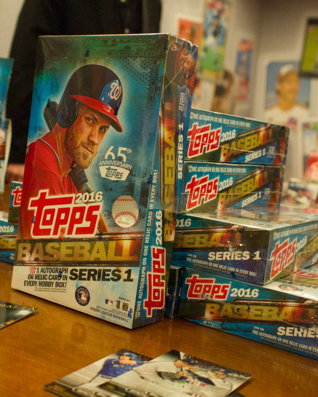 Topps' baseball cards from the 2016 season on display at the Topps' offices in New York City.