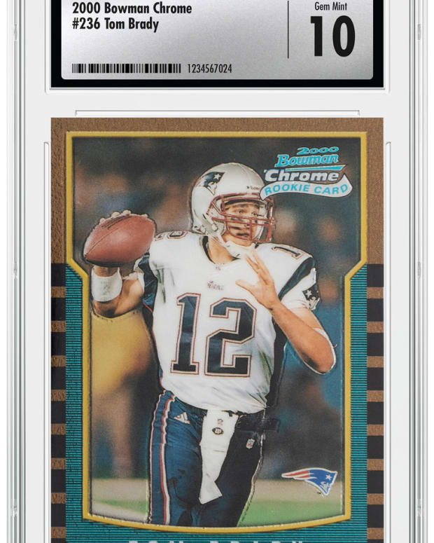 A 2000 Bowman Chrome Tom Brady card encapsulated in CSG's new labels and holders.