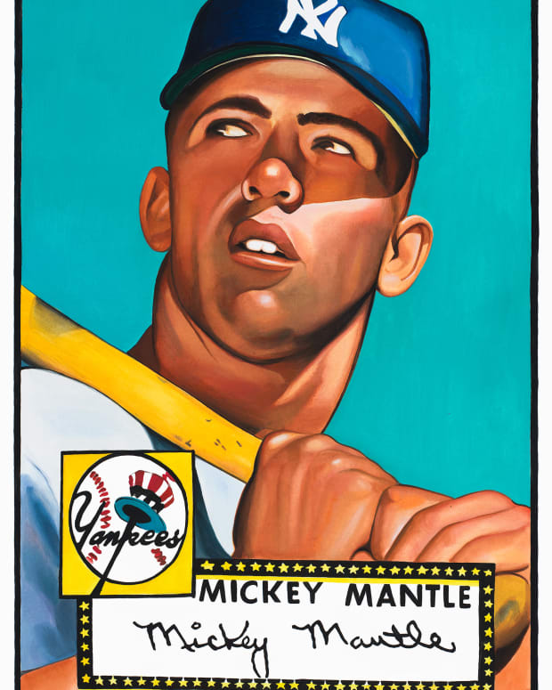 James Fiorentino's painting of the iconic 1952 Topps Mickey Mantle card.