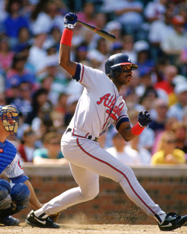 Fred McGriff bats for the Atlanta Braves against the Chicago Cubs in 1997 at Wrigley Field.