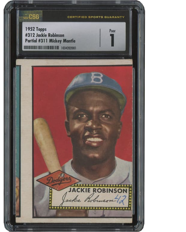 A miscut 1952 Topps Jackie Robinson card featuring a piece of the iconic 1952 Topps Mickey Mantle card.