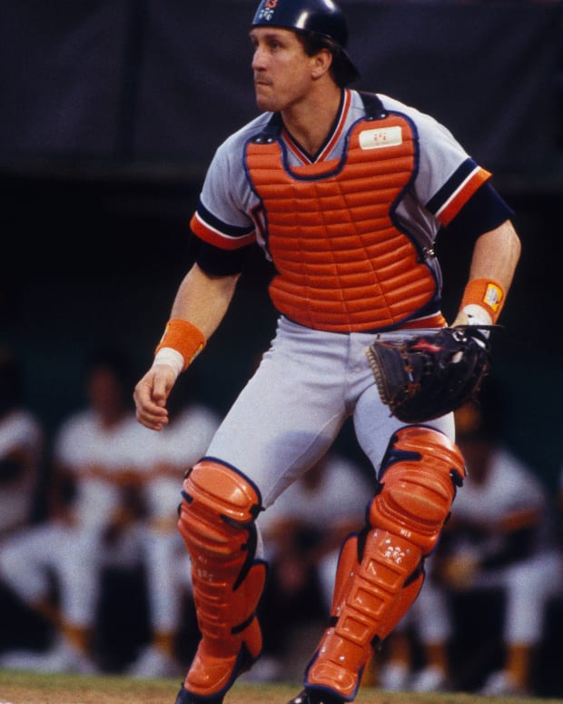 Detroit Tigers catcher Lance Parrish behind the plate during the 1984 World Series.