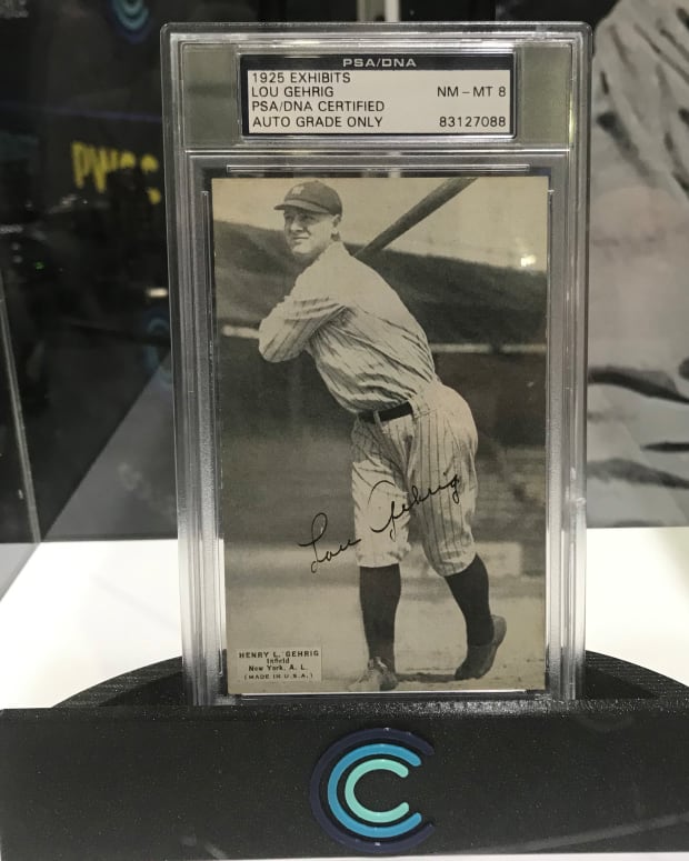Autographed 1925 Exhibits Lou Gehrig card on display at the Collectable booth at The National.