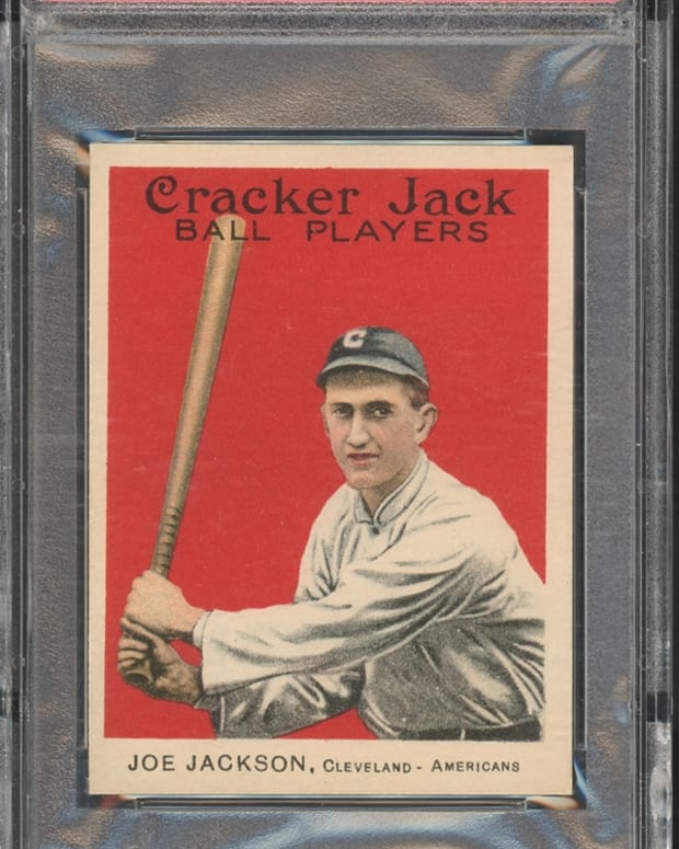 A 1915 Cracker Jack Shoeless Joe Jackson card that sold for $212,632 at Mile High Card Co.