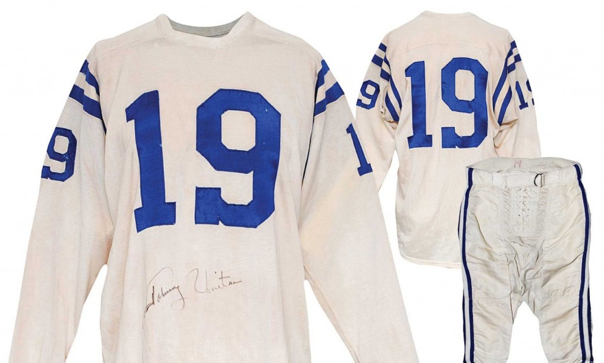 Circa-1960 Johnny Unitas Baltimore Colts game-used and autographed home uniform. Sold for $118,230; record price for any professional football player’s jersey at auction. Grey Flannel Auctions image