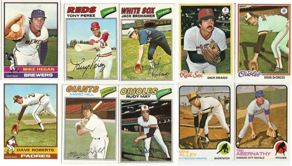 Players struck a pose for Topps photographers simulating action. Fielders looked at the photographer rather than the ball supposedly heading for their gloves. 